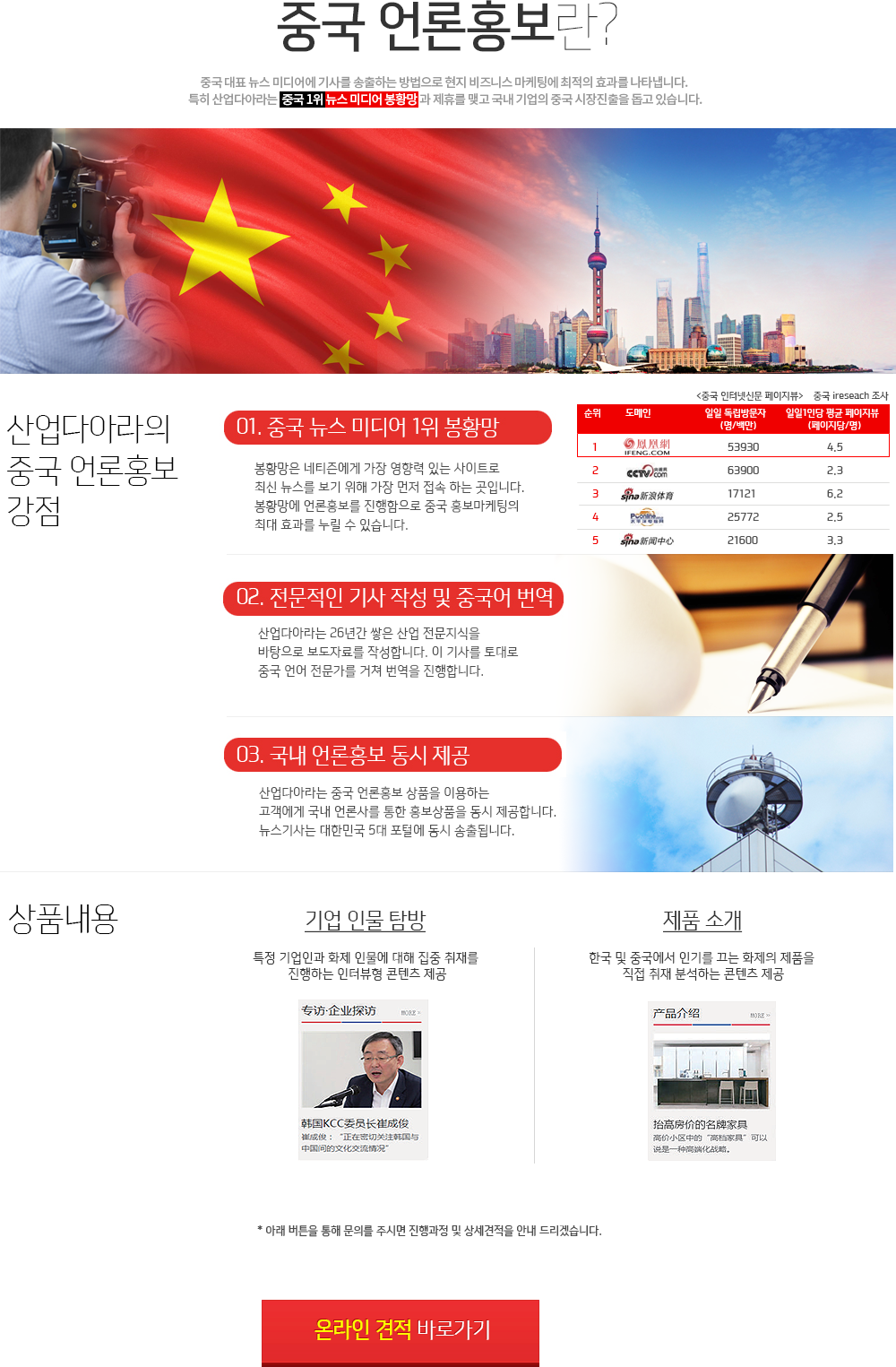 중국 언론홍보란? 중국 대표 뉴스 미디어에 기사를 송출하는 방법으로 현지 비지니스 마케팅에 최적의 효과를 나내탭니다. 특히 산업다아라는 중국 1위 뉴스 미디어 봉황망과 제휴를 맺고 국내 기업의 중국 시장진출을 돕고 있습니다.